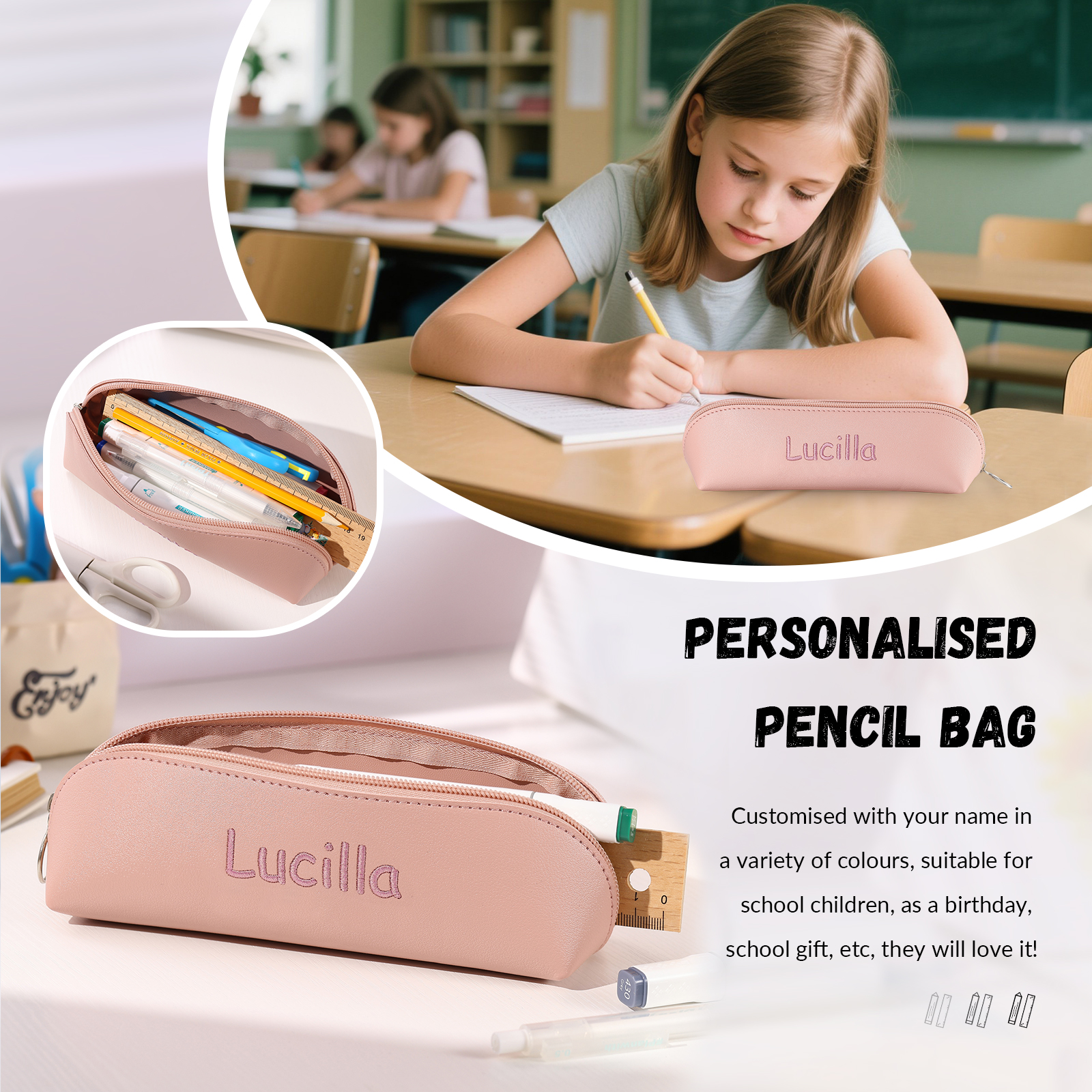 1 Name Personalised Pencil Case for Girls & Boys – PU Leather with Custom Embroidery | Jessemade