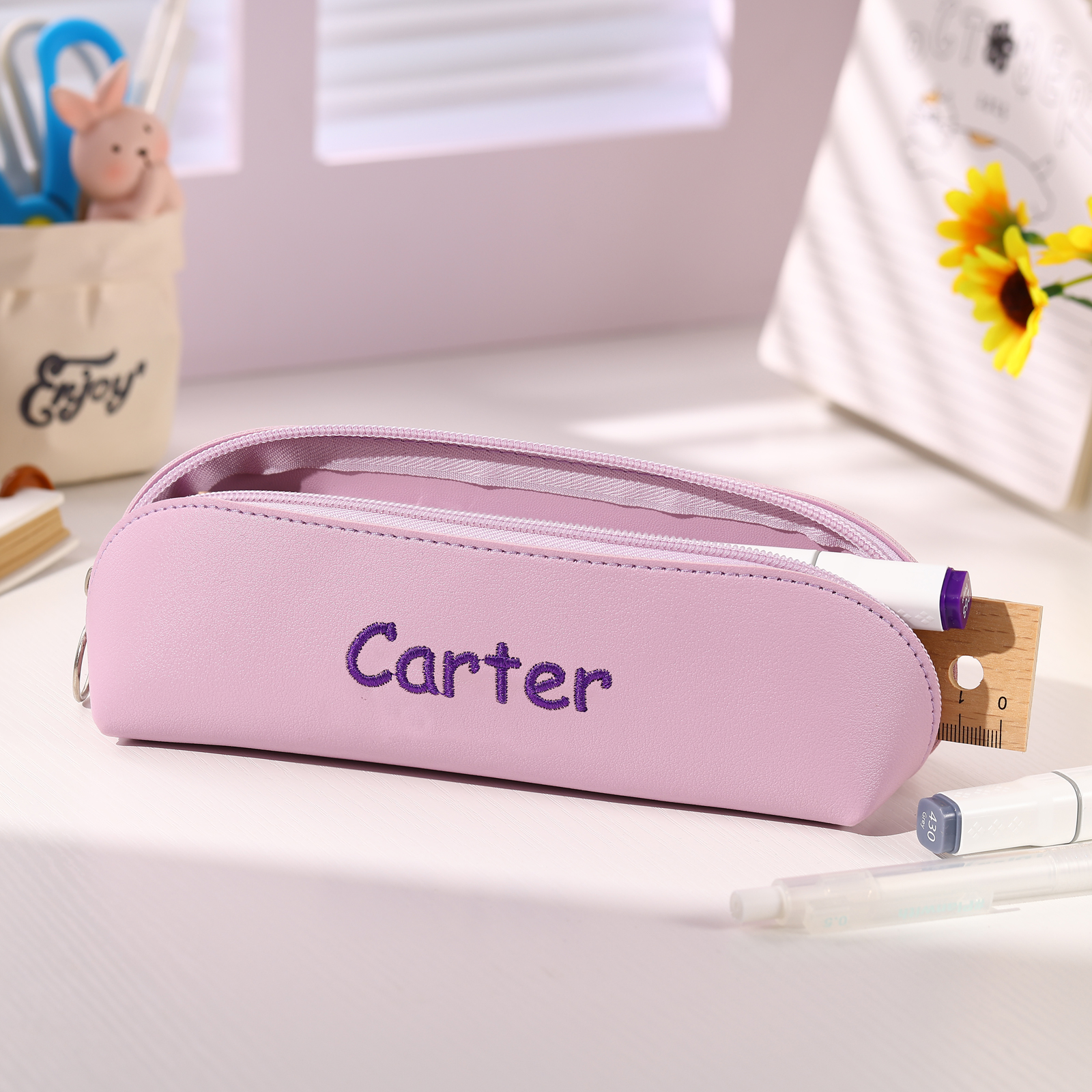 1 Name Personalised Pencil Case for Girls & Boys – PU Leather with Custom Embroidery | Jessemade