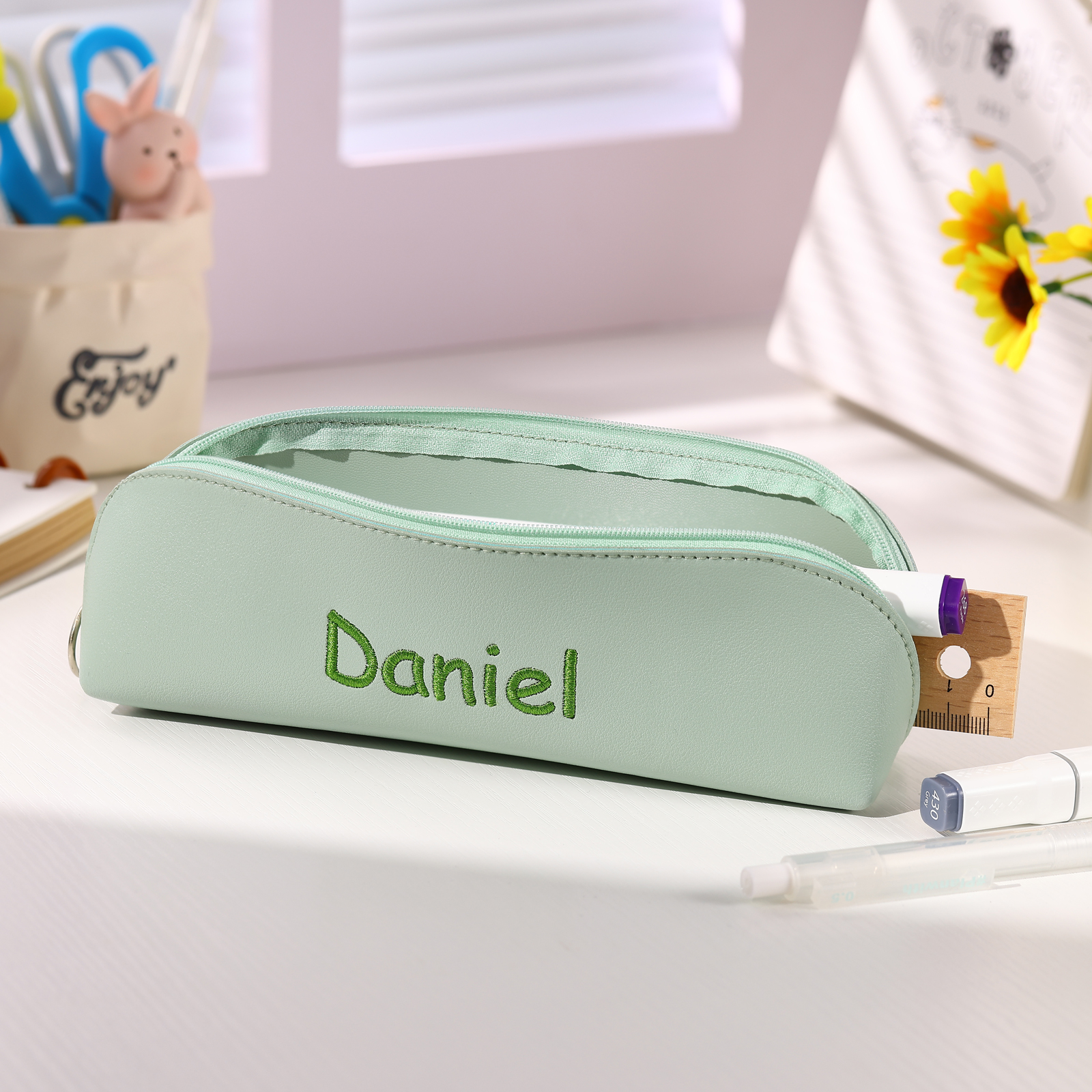 1 Name Personalised Pencil Case for Girls & Boys – PU Leather with Custom Embroidery | Jessemade