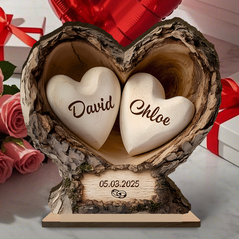 Personalised Wooden Heart-Shaped Tree Trunk Plaque with Stable Base for a Couple