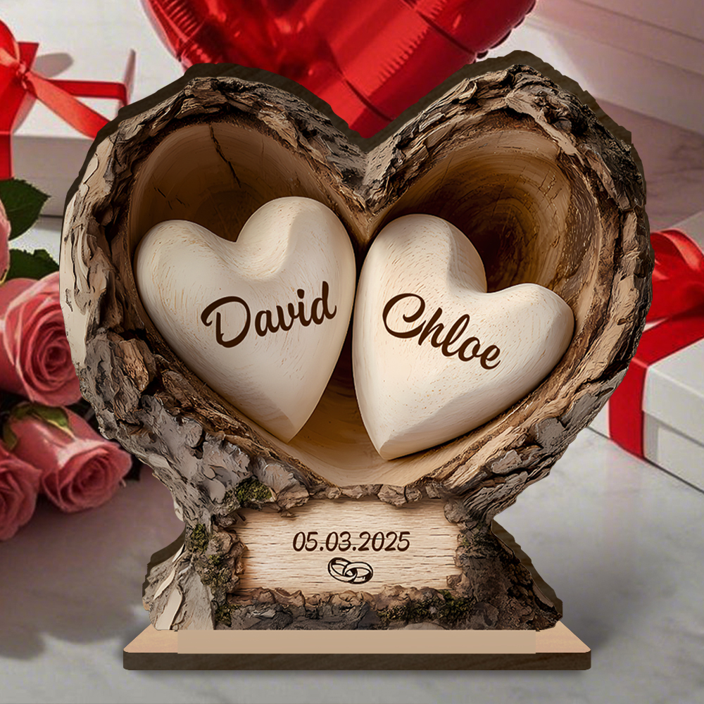 Personalised Wooden Heart-Shaped Tree Trunk Plaque with Stable Base for a Couple