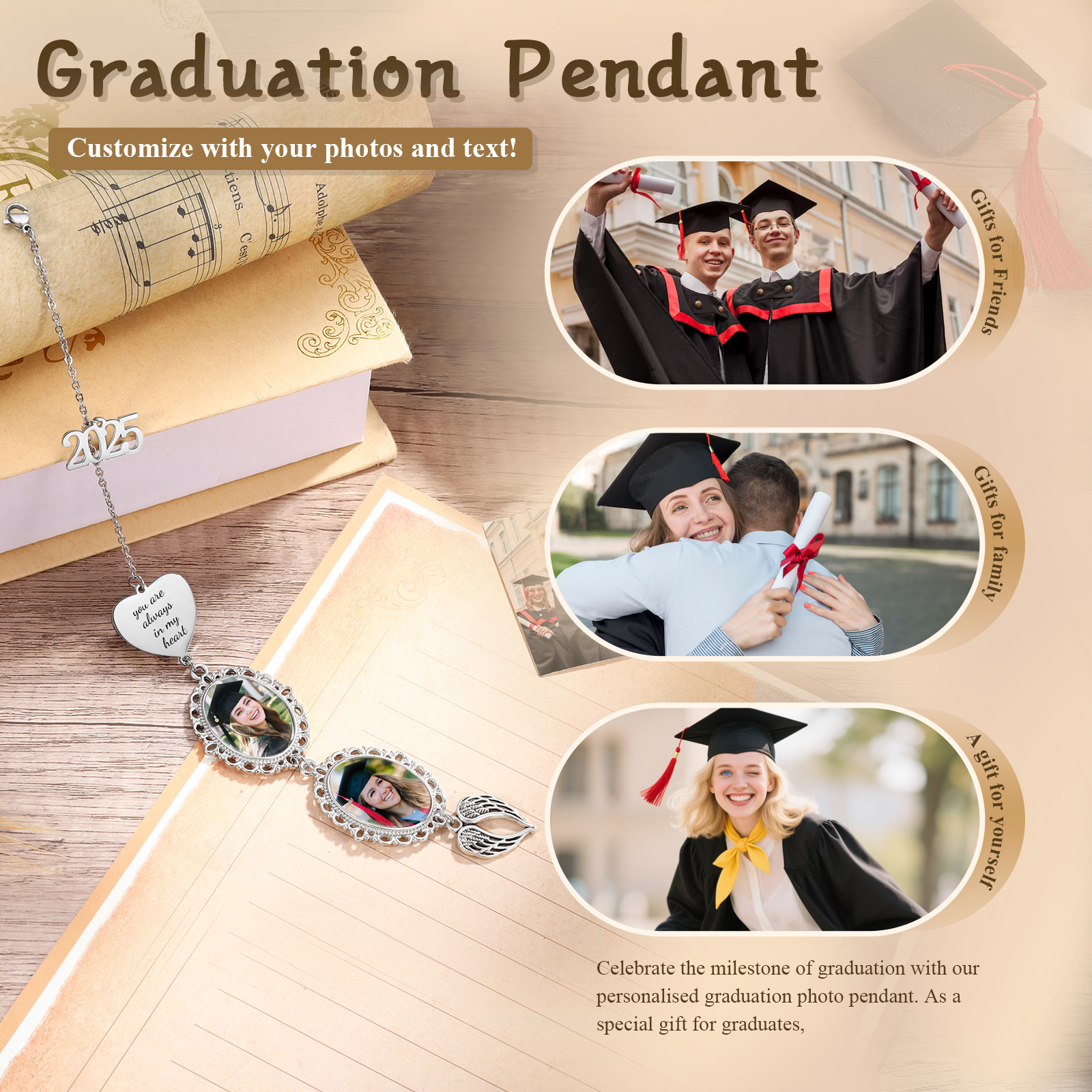 Personalised 2025 Graduation Hanging Ornament with 2 Custom Photos and Text – Gift for Graduates | Jessemade