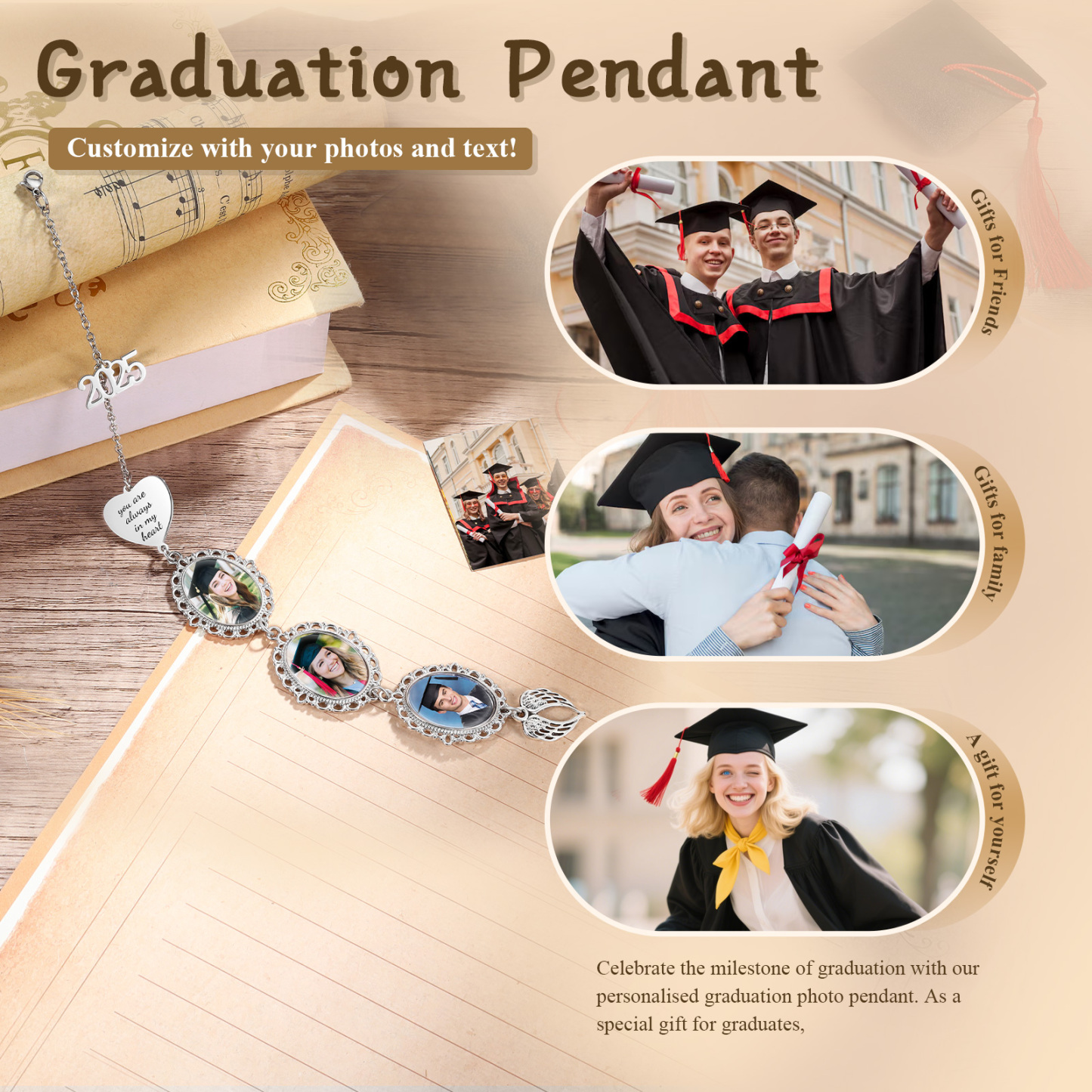 Personalised 2025 Graduation Hanging Ornament with 3 Custom Photos and Text – Gift for Graduates | Jessemade