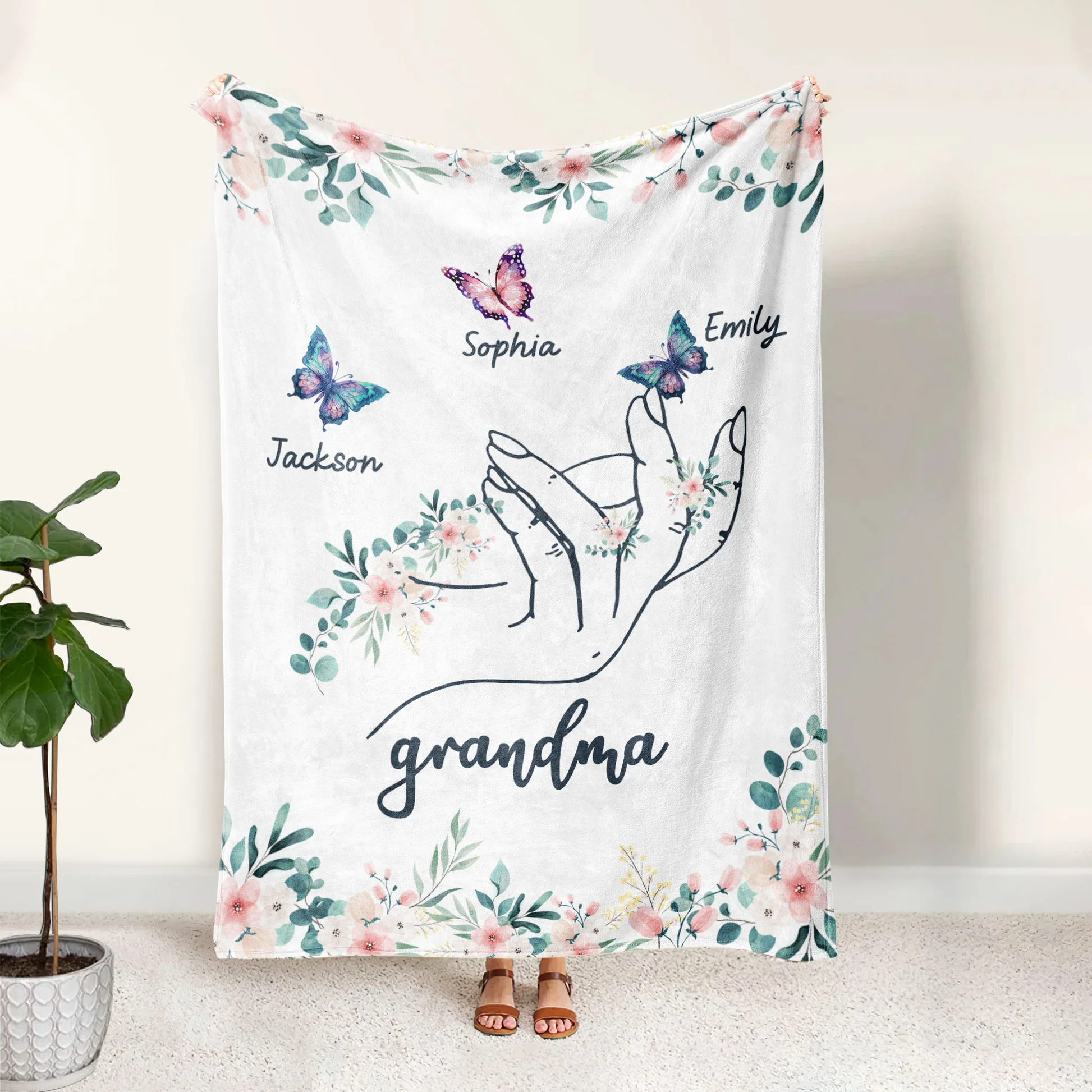 Personalised Butterfly Hand Blanket Custom with 1-8 Names Gift for Grandma Nana or Family
