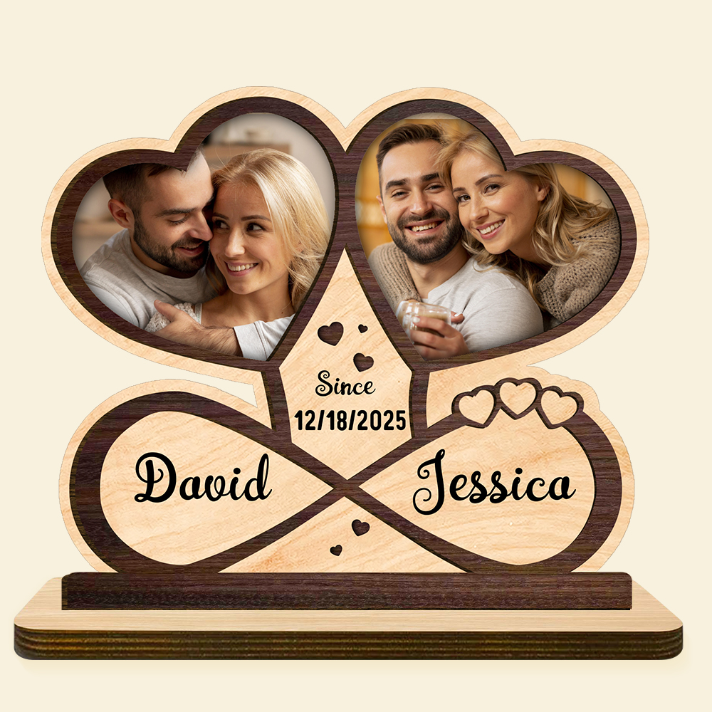 Personalised Wooden Plaque with Photos, First Names and Date – Romantic Decoration for Couples