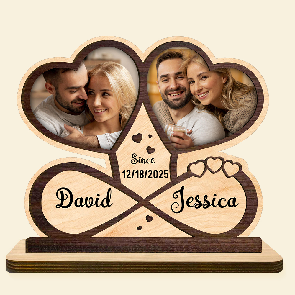 Personalised Wooden Plaque with Photos, First Names and Date – Romantic Decoration for Couples