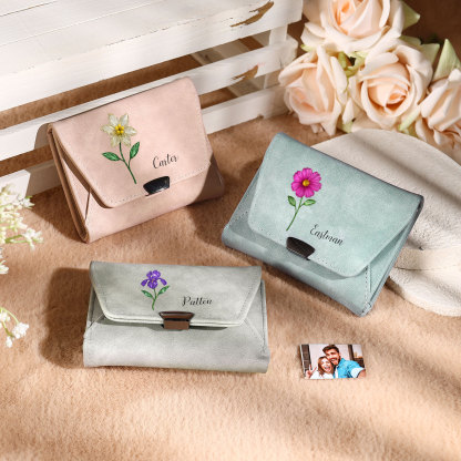 Personalised women’s leather wallet with birth flower and name
