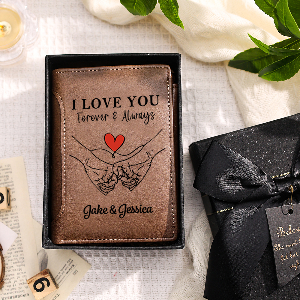 Personalised PU Leather Wallet with Names and the Message “I Love You Forever and Always” for Men