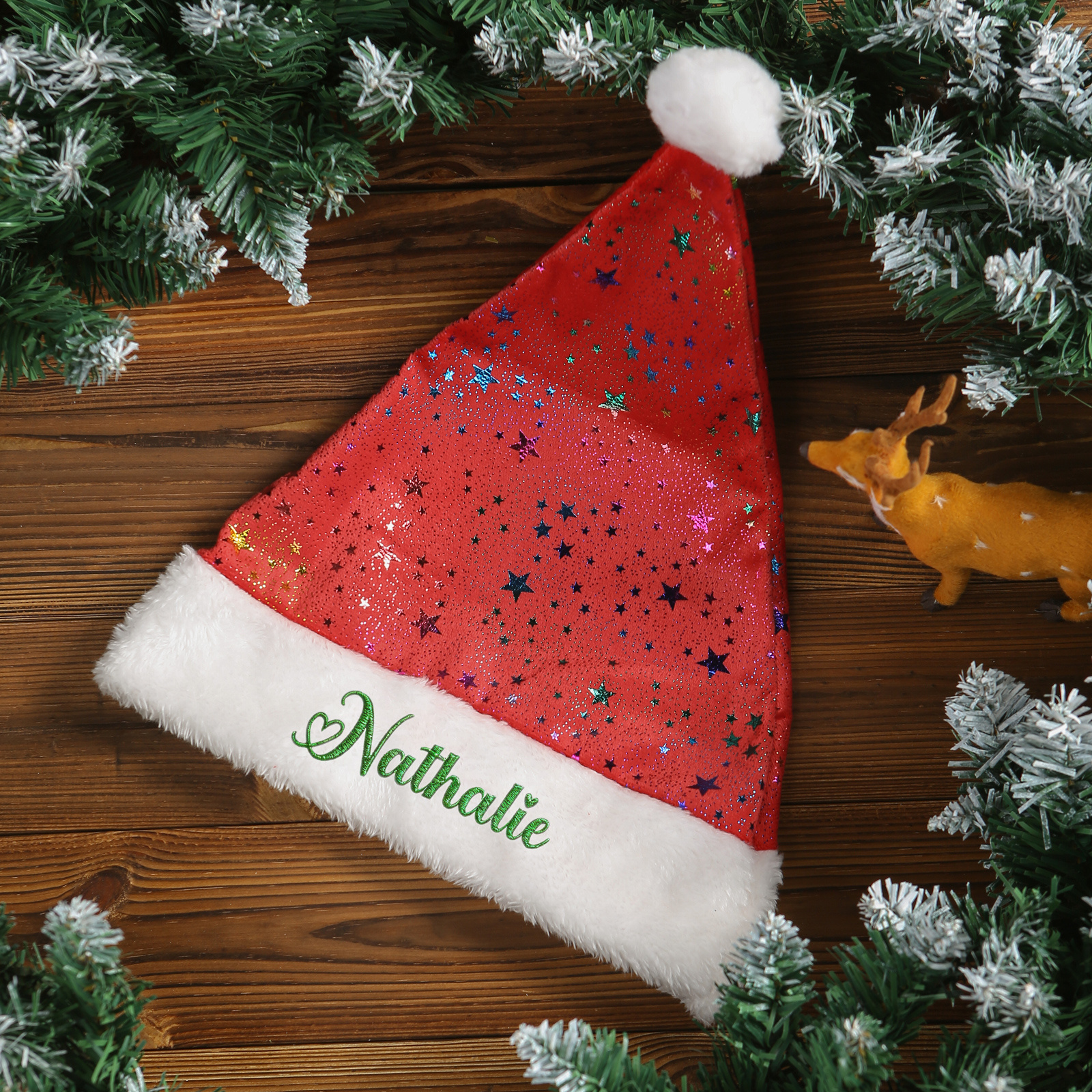 Personalised Christmas Hat – Name embroidery, choice of fonts and colours, with glitter stars