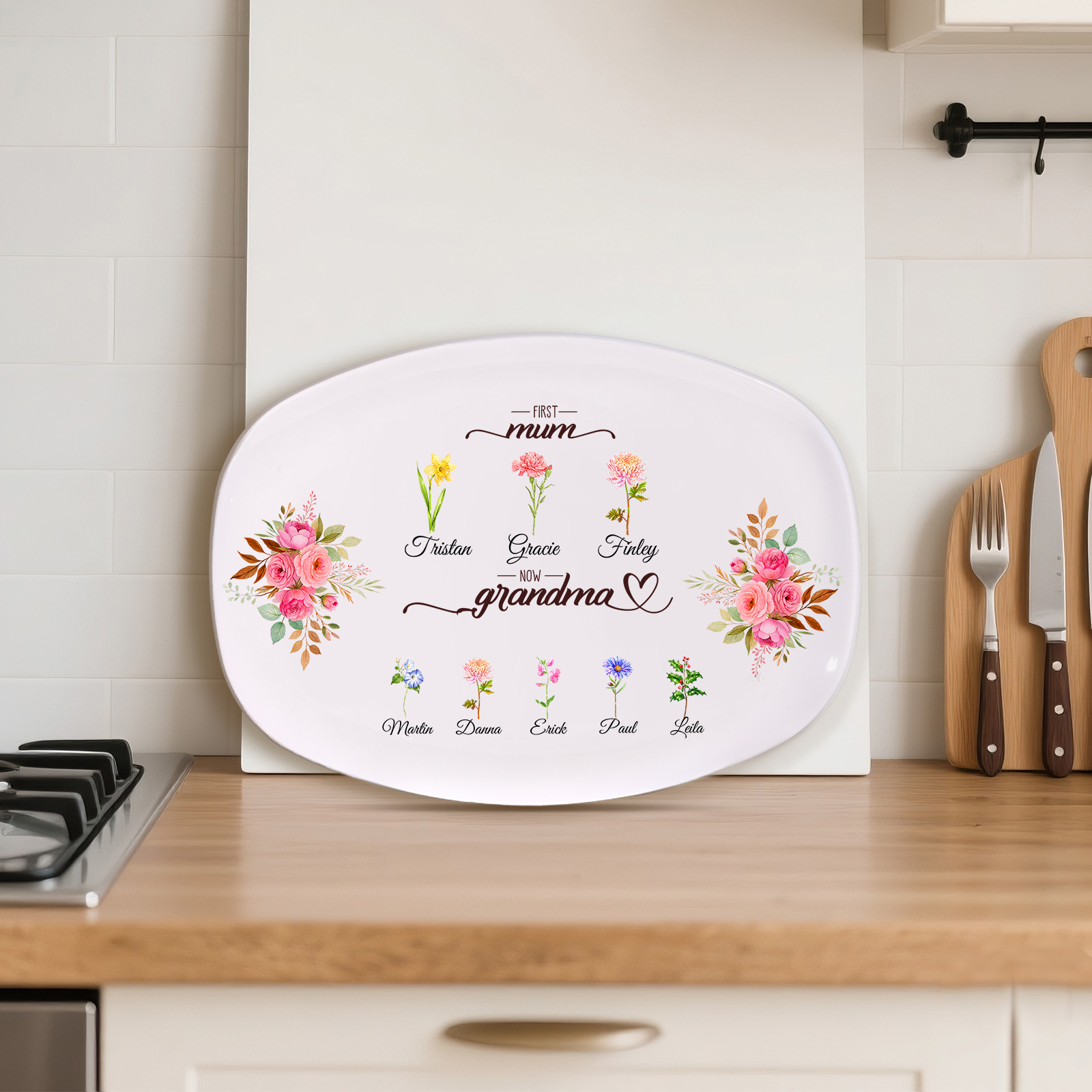 Oval Plate with a floral motif "First Mum, now Grandma"