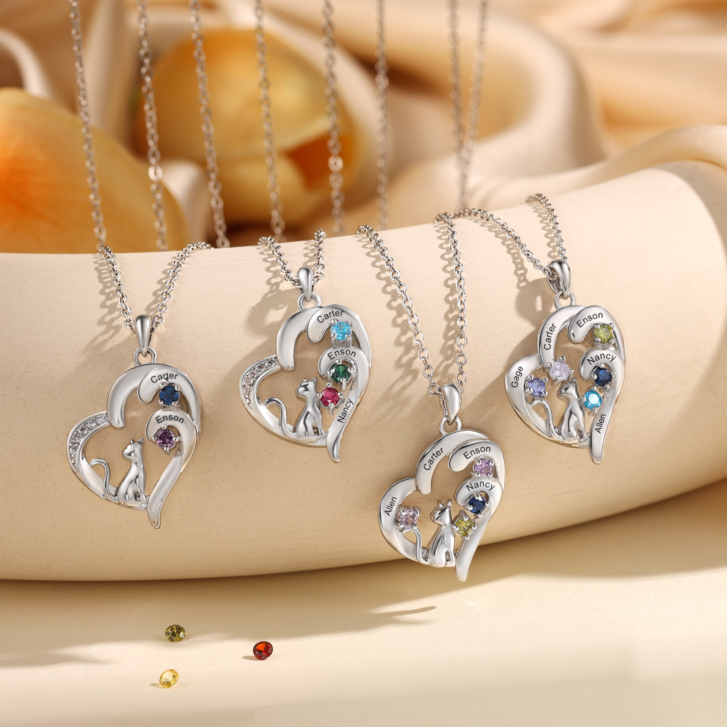 Personalised Cat Heart Necklace with Birthstones