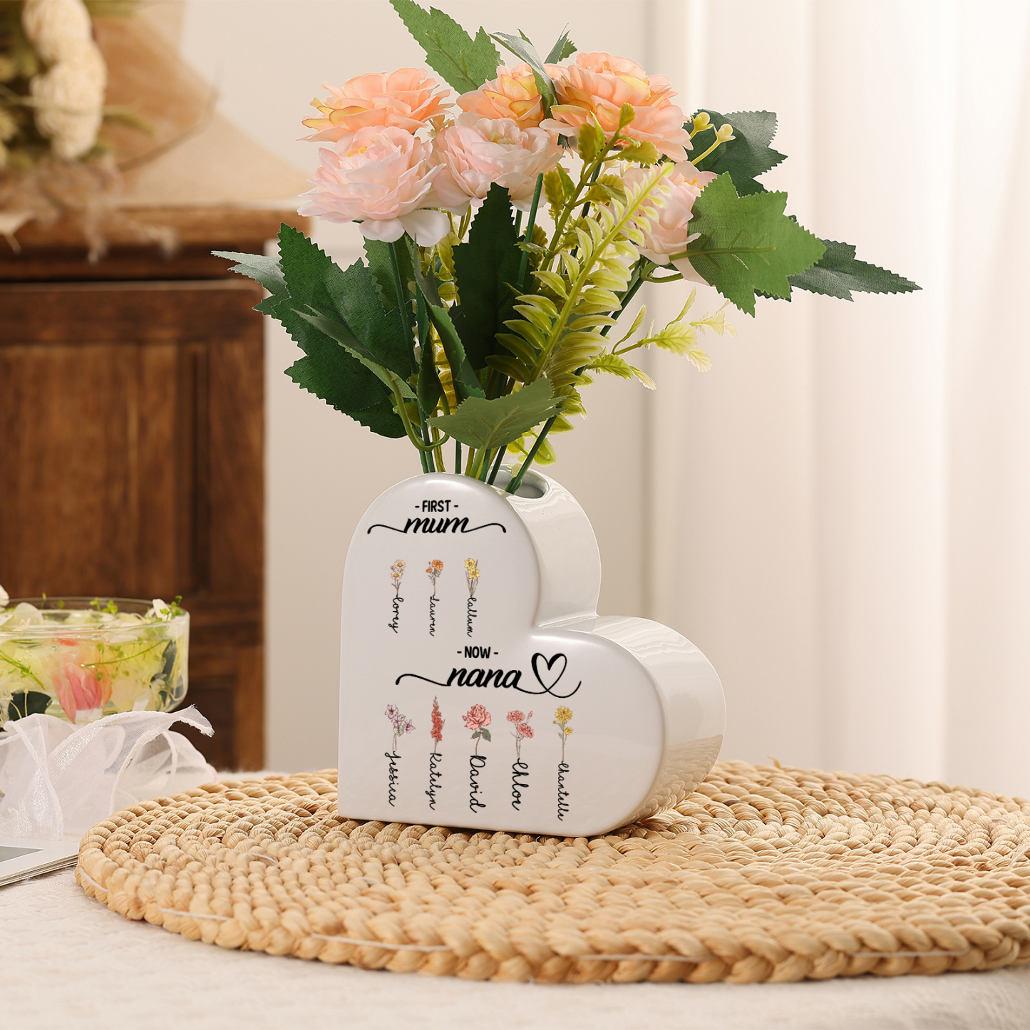 Personalised Ceramic Heart Vase with 2–12 Birth Flowers and Names