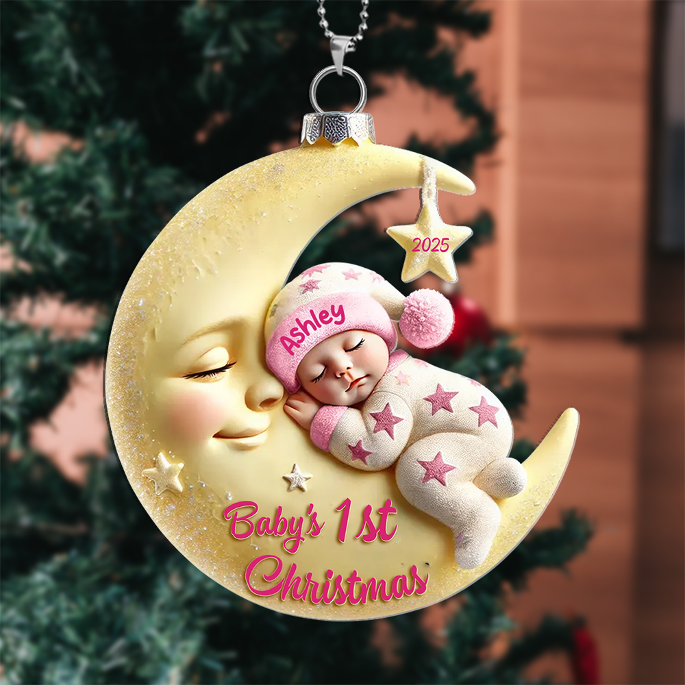 Acrylic Christmas Tree Decoration - Baby on the Moon - Baby's First Christmas