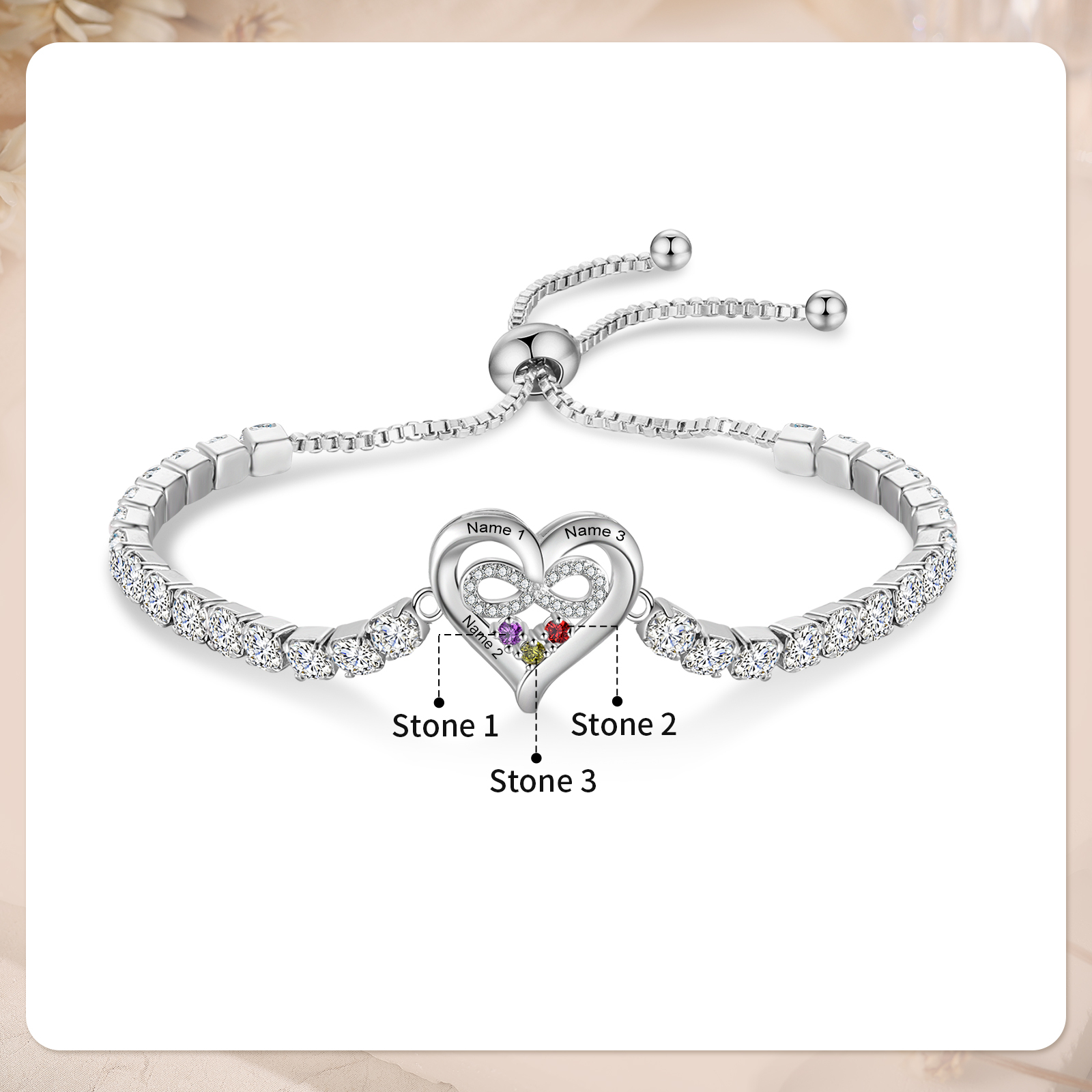 Personalised Birthstone Heart Tennis Infinity Loop Bracelet