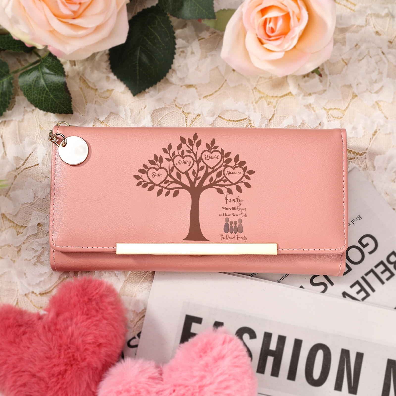 Personalised 2-6 Names Pink Family Tree PU Leather Wallet For Mum