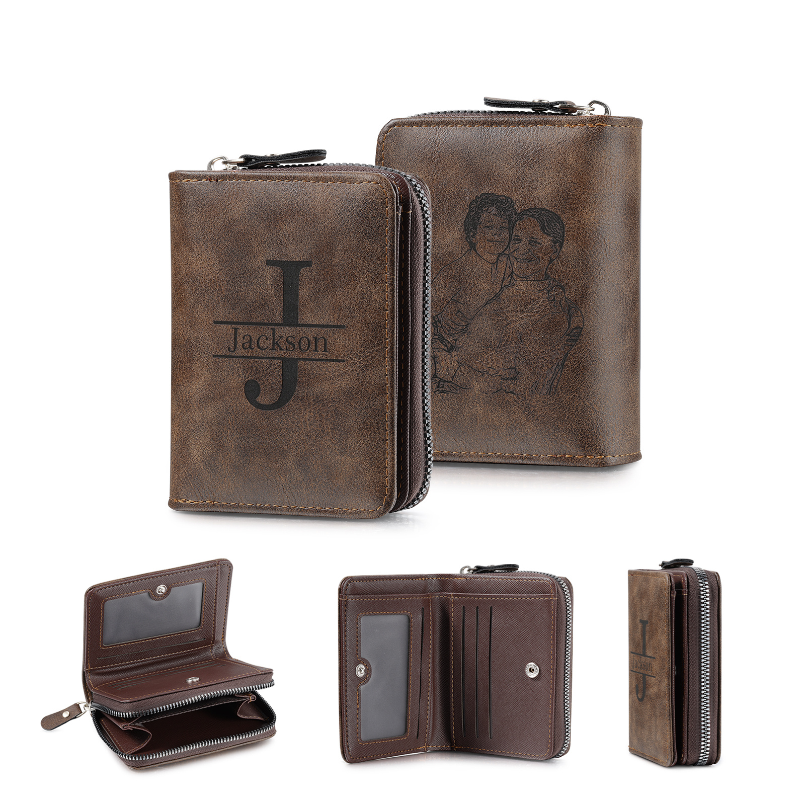 Personalised vintage men's wallet, zipped – photo engraved with name and initials