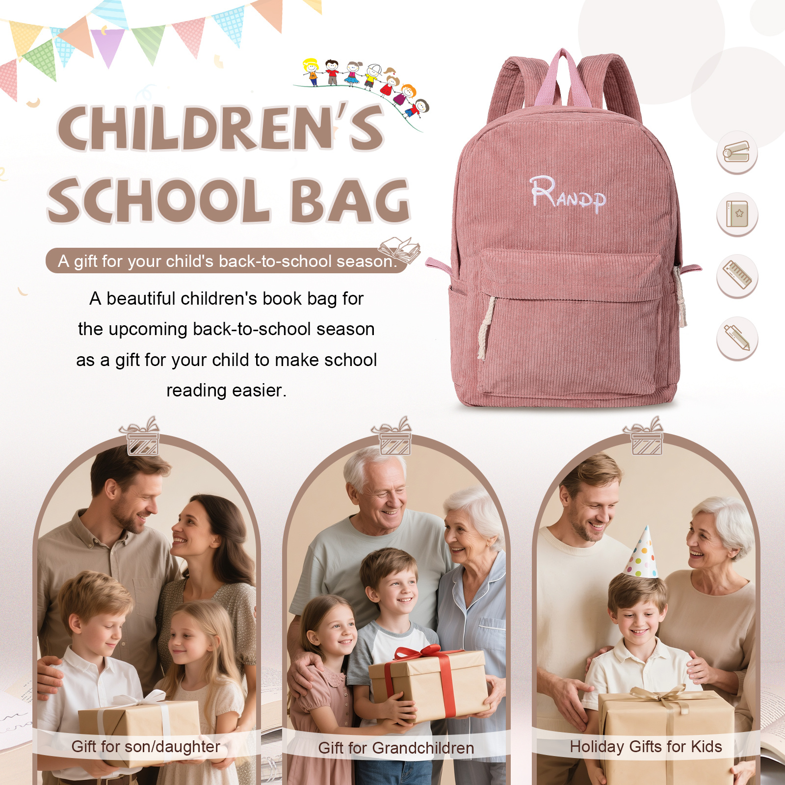 Personalised Four-Colour Corduroy Bag Name Custom Backpack for Kids Back to School Gifts | Jessemade