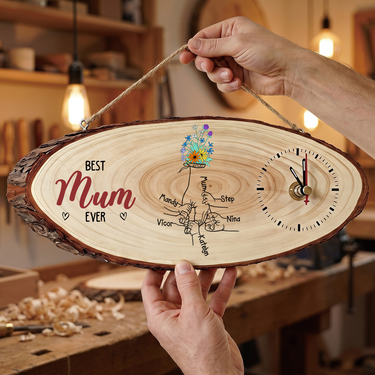 Personalised Wooden Clock “Best Mum/Grandma in the World” with 1 to 6 Names