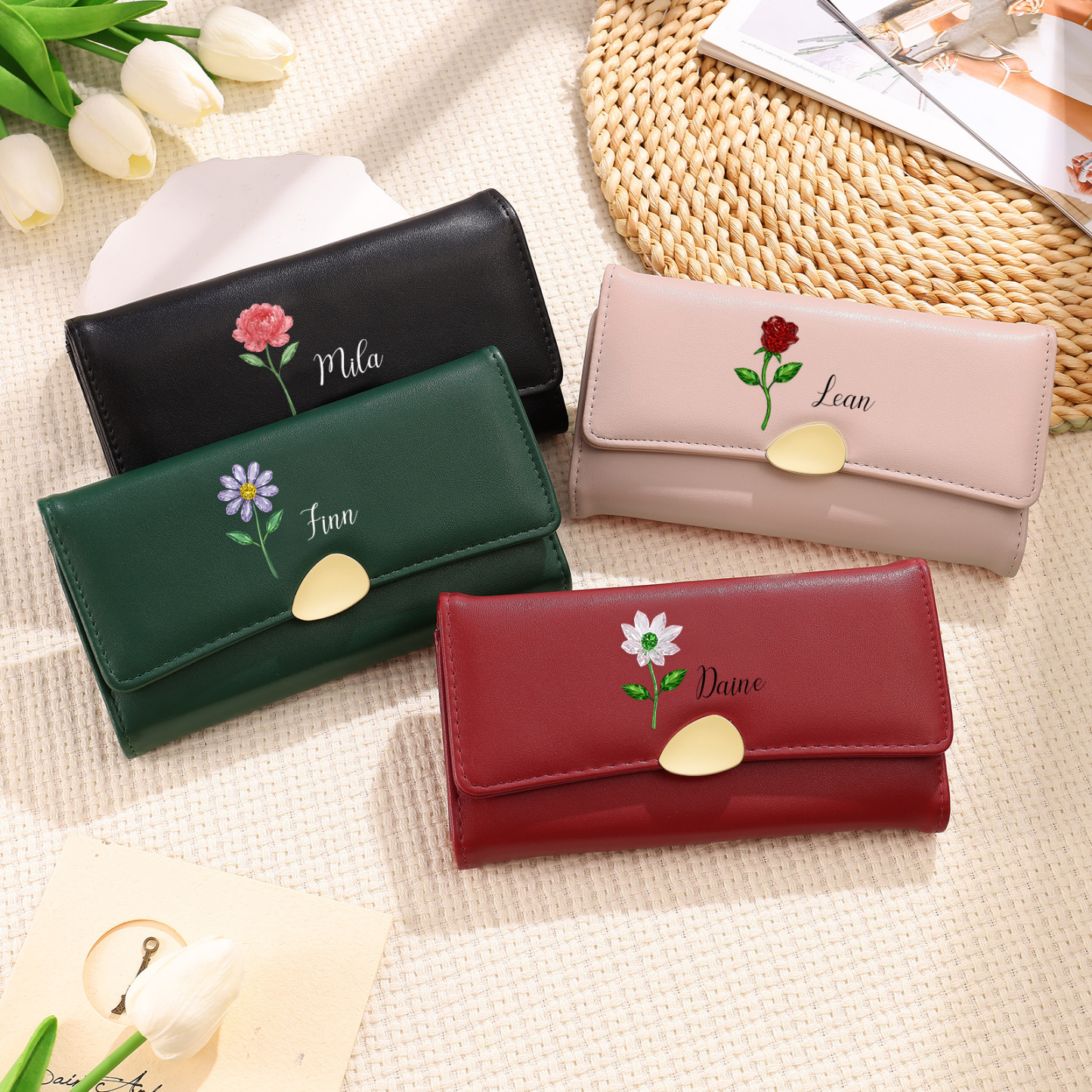 Personalised Long Women’s Leather Wallet with Birth Flower and Name