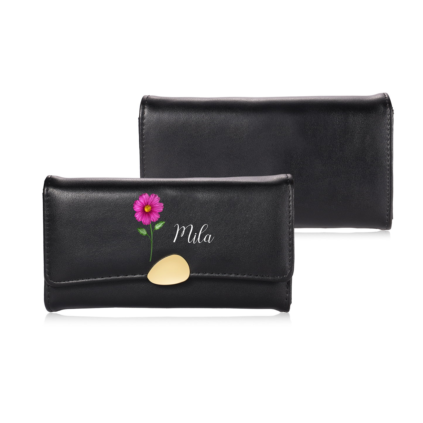 Personalised Long Women’s Leather Wallet with Birth Flower and Name