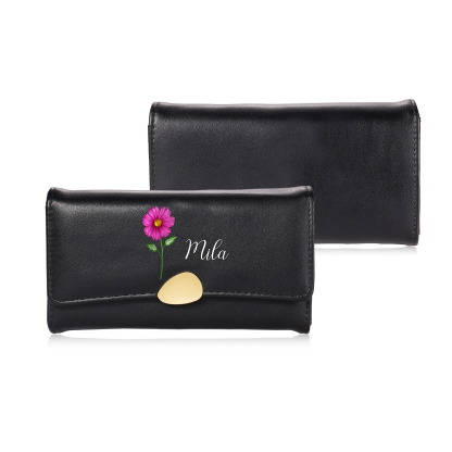 Personalised Long Women’s Leather Wallet with Birth Flower and Name