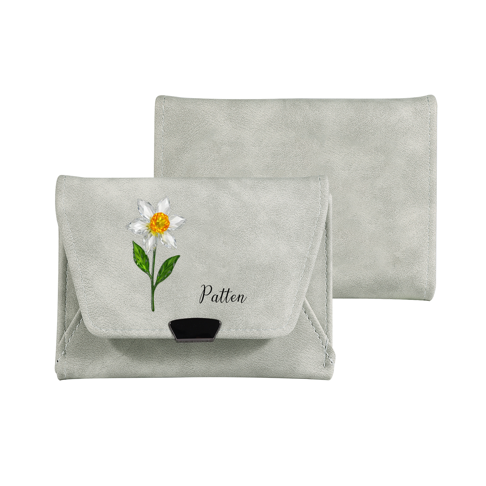 Personalised women’s leather wallet with birth flower and name