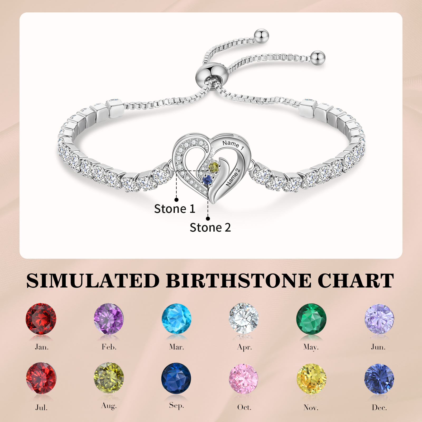 Personalised 2-5 Names Diamond Heart Birthstone Tennis Bracelet