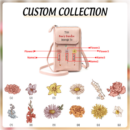 Personalised Crossbody Phone Purse Custom 1-6 Names & Birthflower Wallet Birthday Gift for Nan | Jessemade