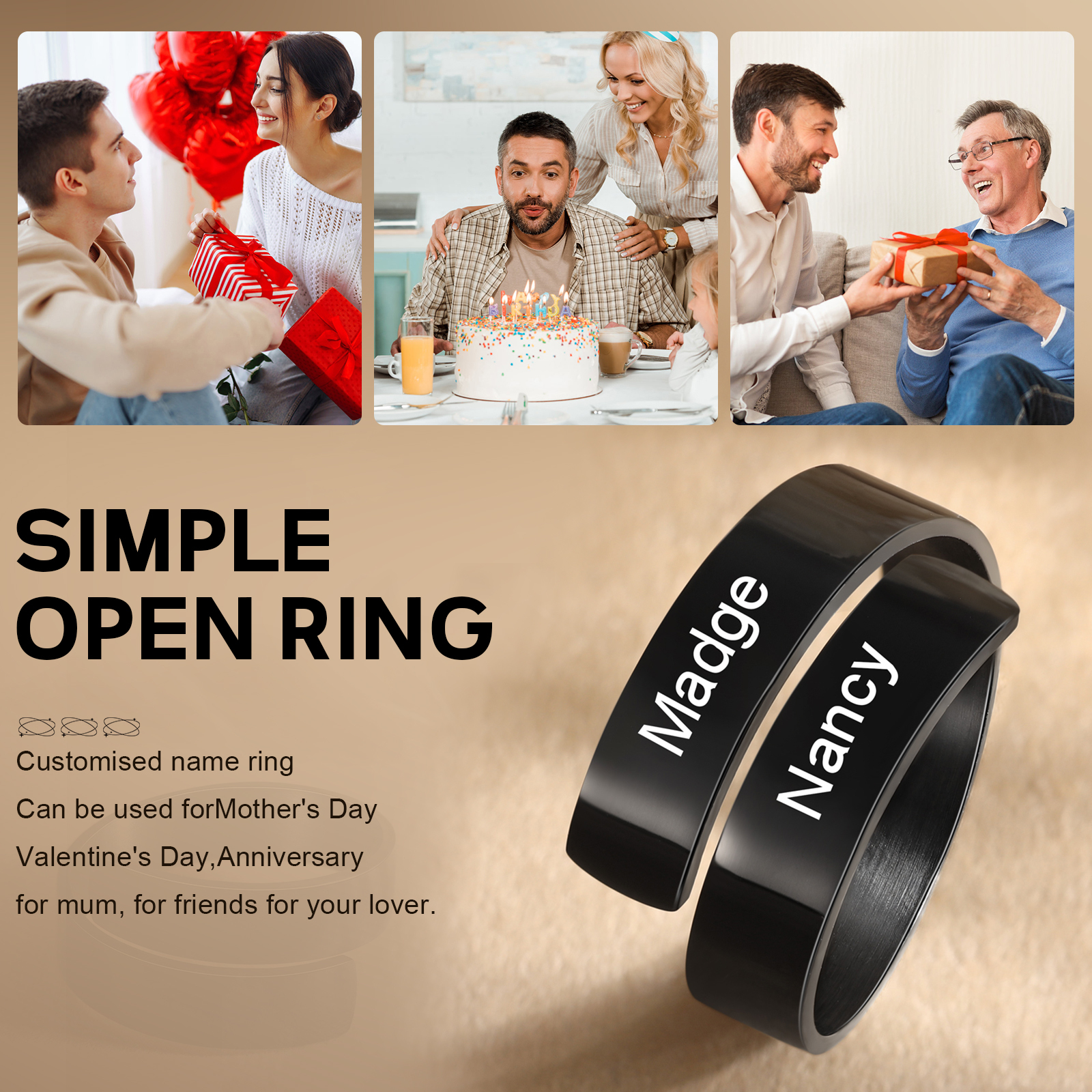Personalised Open Ring Custom 2 Names Black Gift for Couple-Jessemade AU