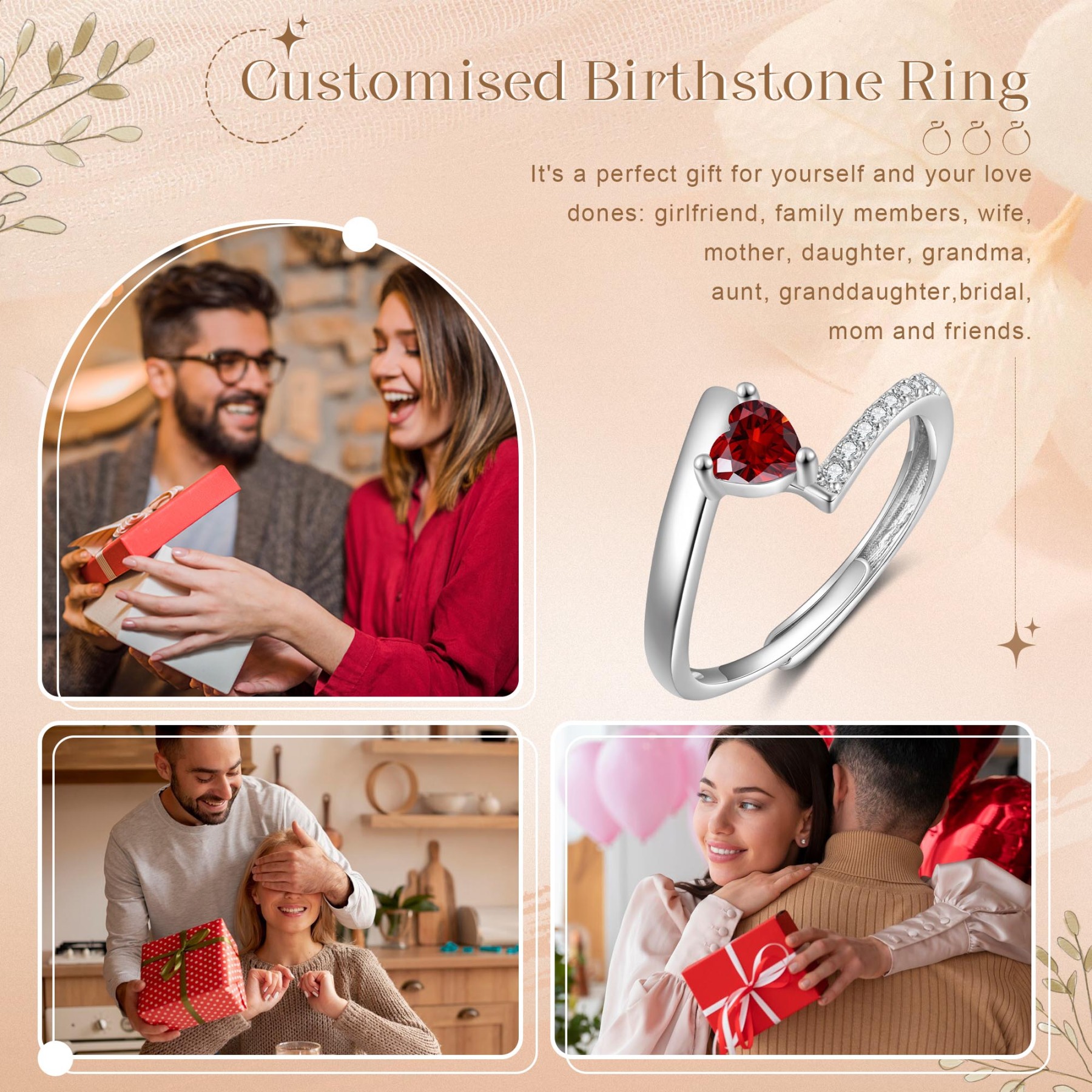 Personalised Open Ring with Custom Birthstone Elegant Valentines Day Gift for Her