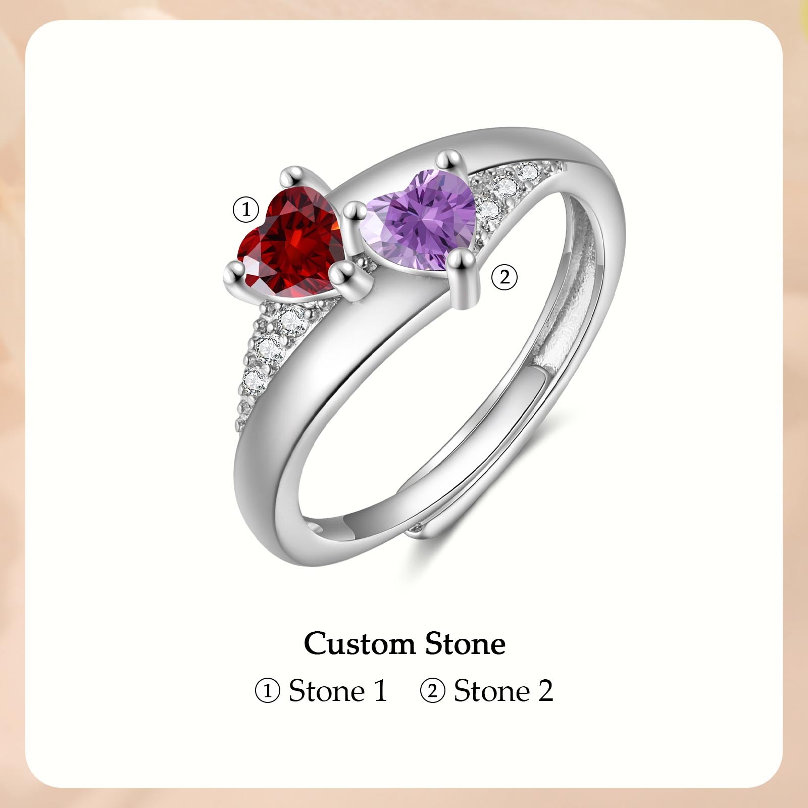 Personalised Open Ring with Custom 2 Birthstones Elegant Valentines Day Gift for Her