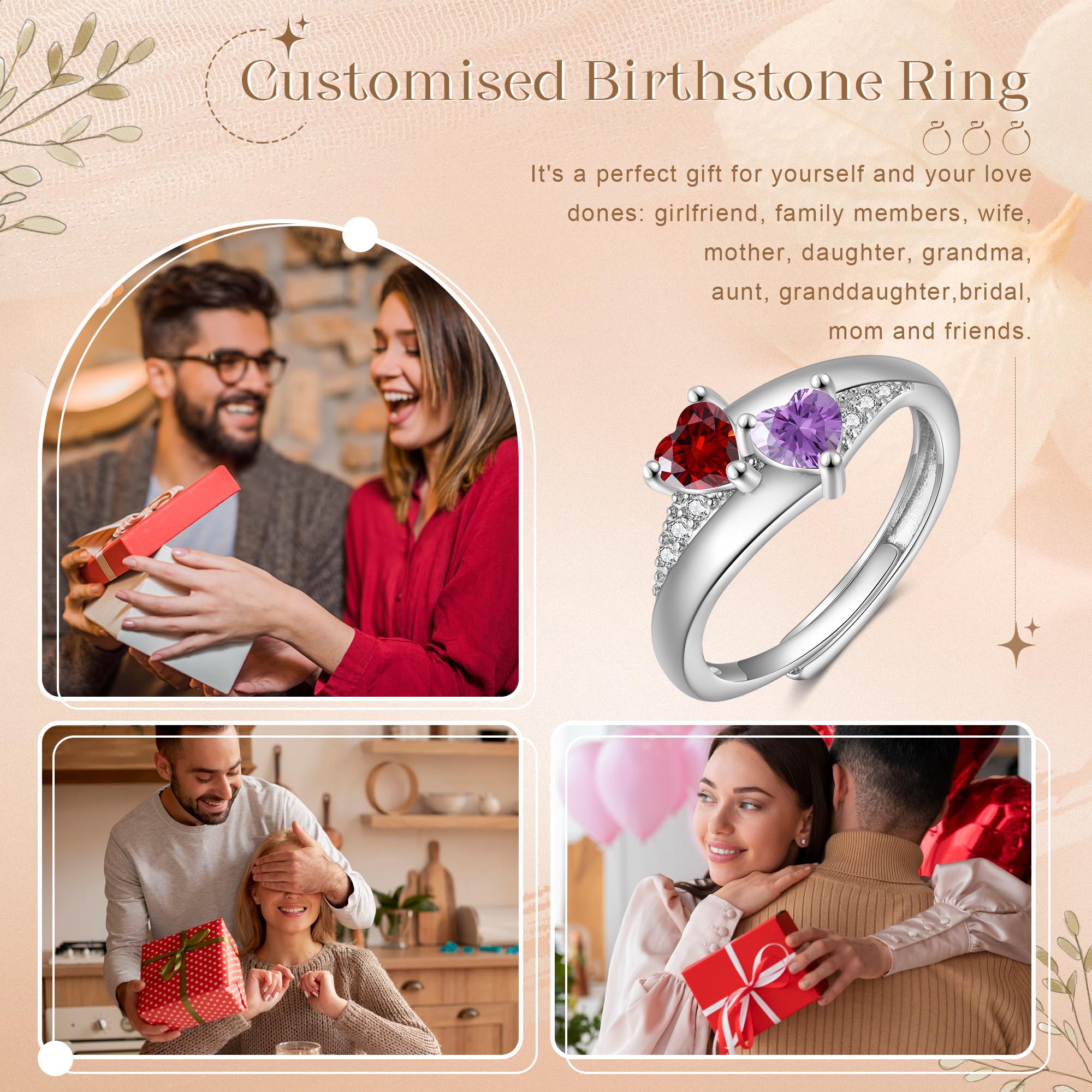 Personalised Open Ring with Custom 2 Birthstones Elegant Valentines Day Gift for Her
