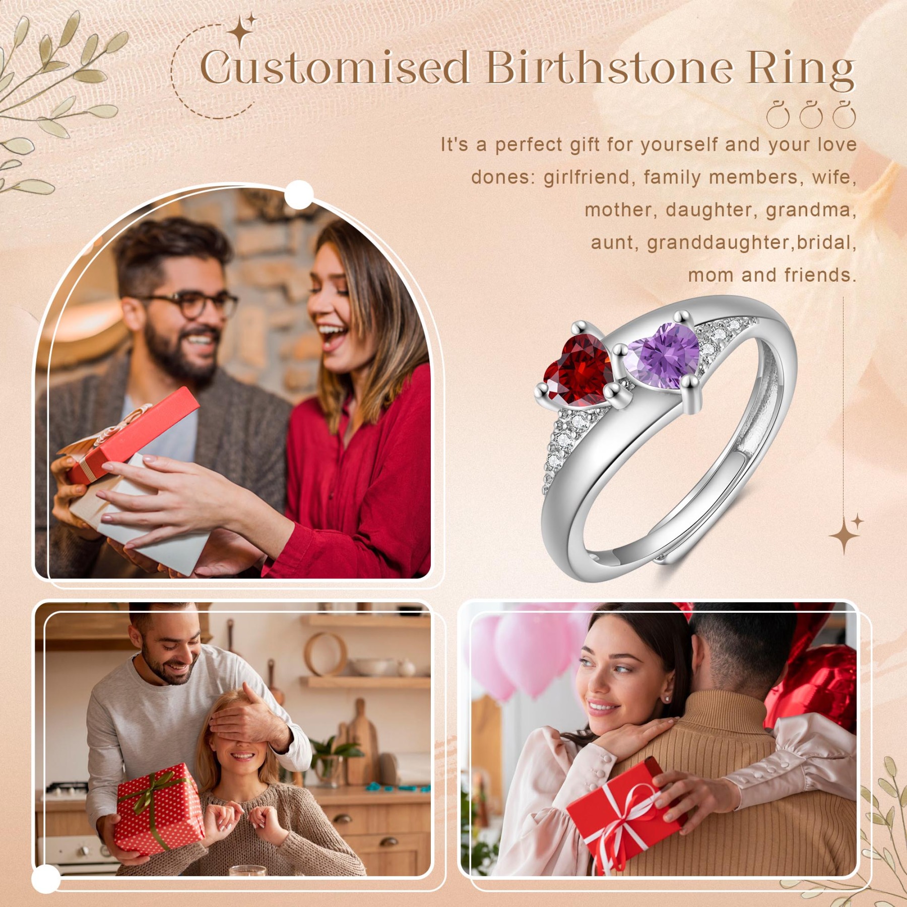 Personalised Open Ring with Custom 2 Birthstones Elegant Valentines Day Gift for Her