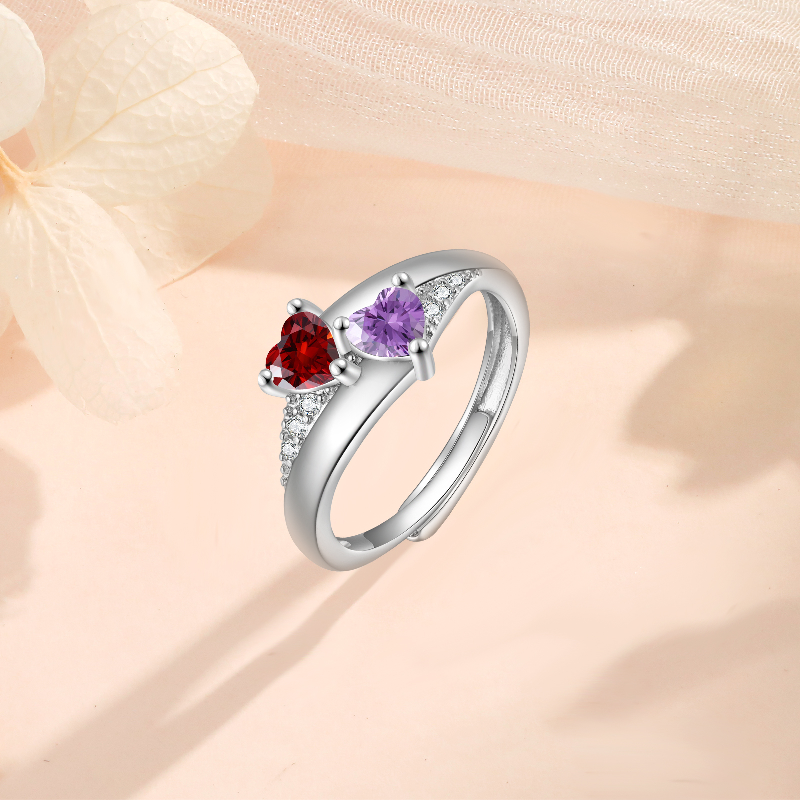 Personalised Open Ring with Custom 2 Birthstones Elegant Valentines Day Gift for Her