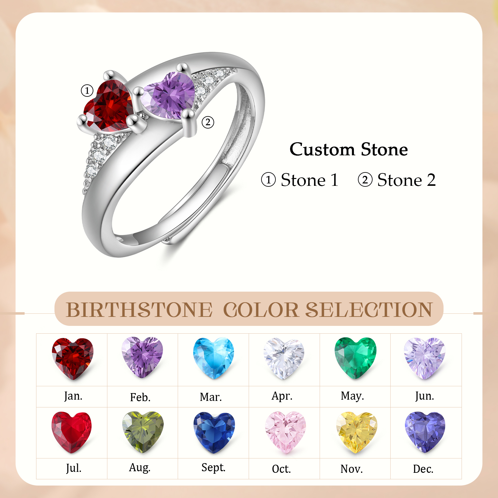 Personalised Open Ring with Custom 2 Birthstones Elegant Valentines Day Gift for Her