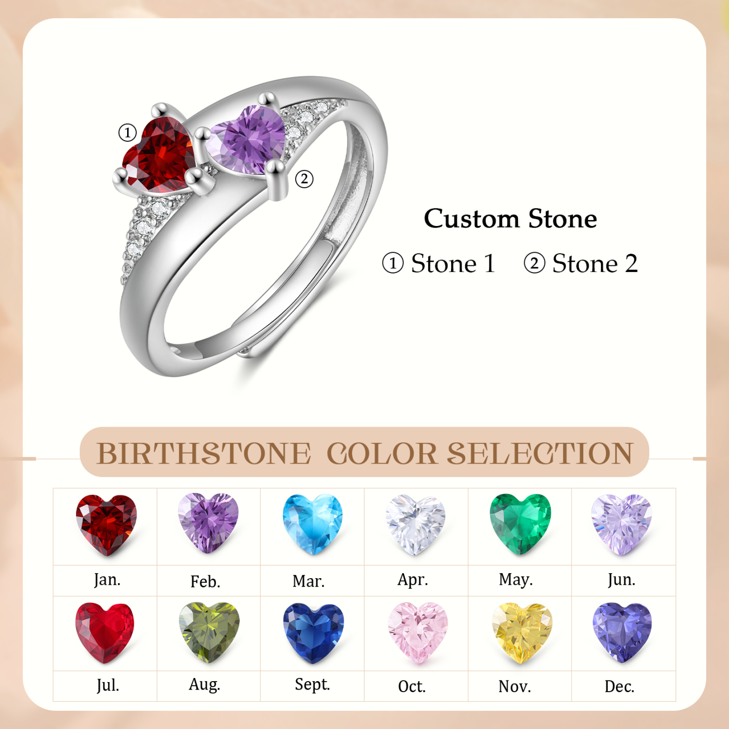 Personalised Open Ring with Custom 2 Birthstones Elegant Valentines Day Gift for Her