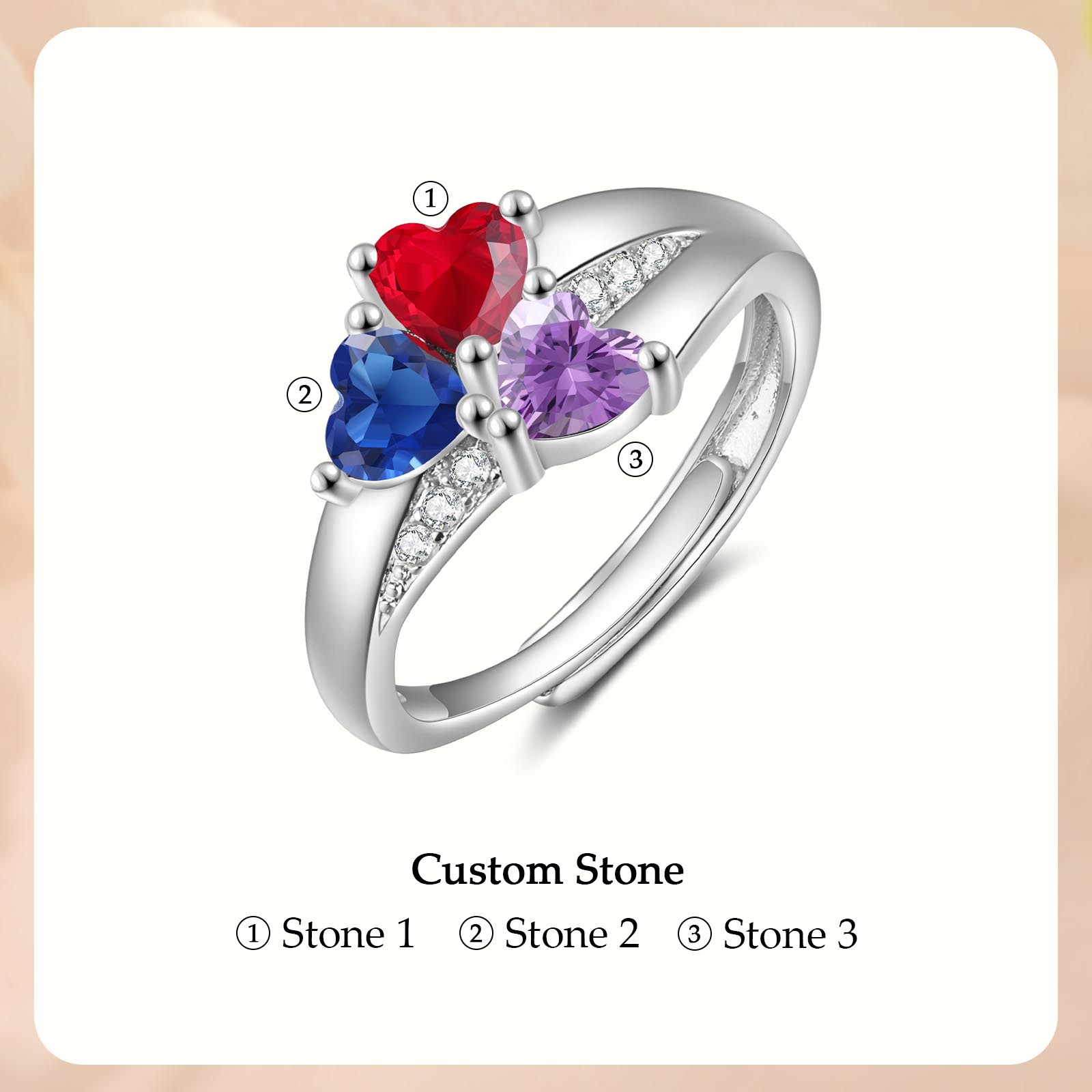 Personalised Open Ring with Custom 3 Birthstones Elegant Valentines Day Gift for Her
