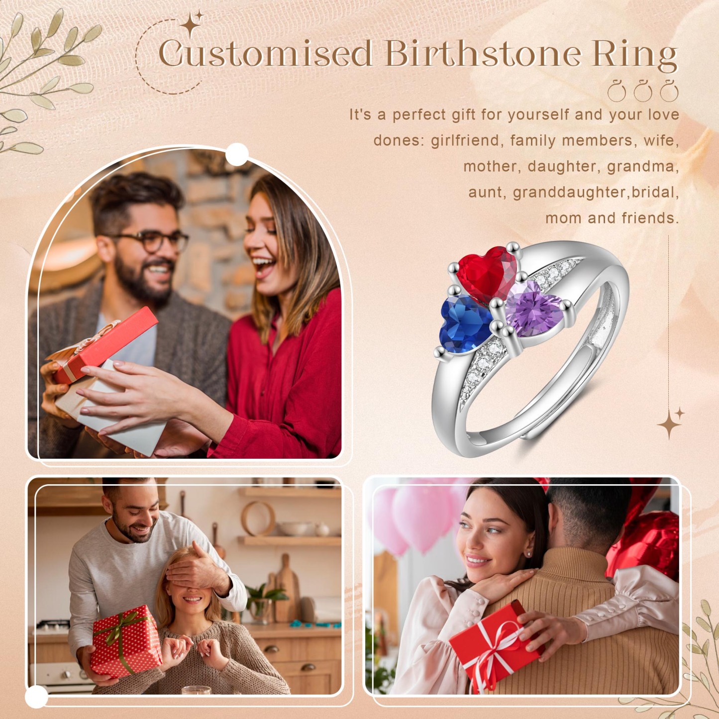 Personalised Open Ring with Custom 3 Birthstones Elegant Valentines Day Gift for Her