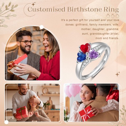 Personalised Open Ring with Custom 3 Birthstones Elegant Valentines Day Gift for Her