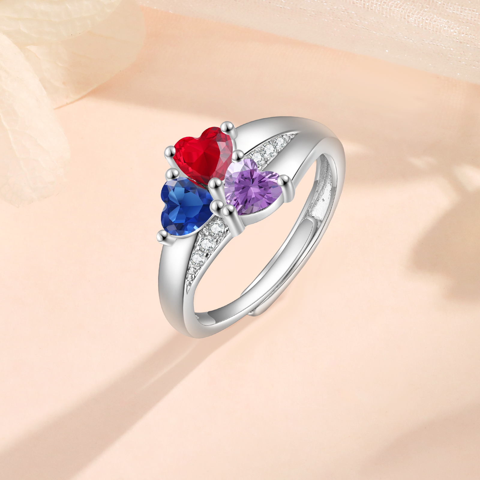 Personalised Open Ring with Custom 3 Birthstones Elegant Valentines Day Gift for Her