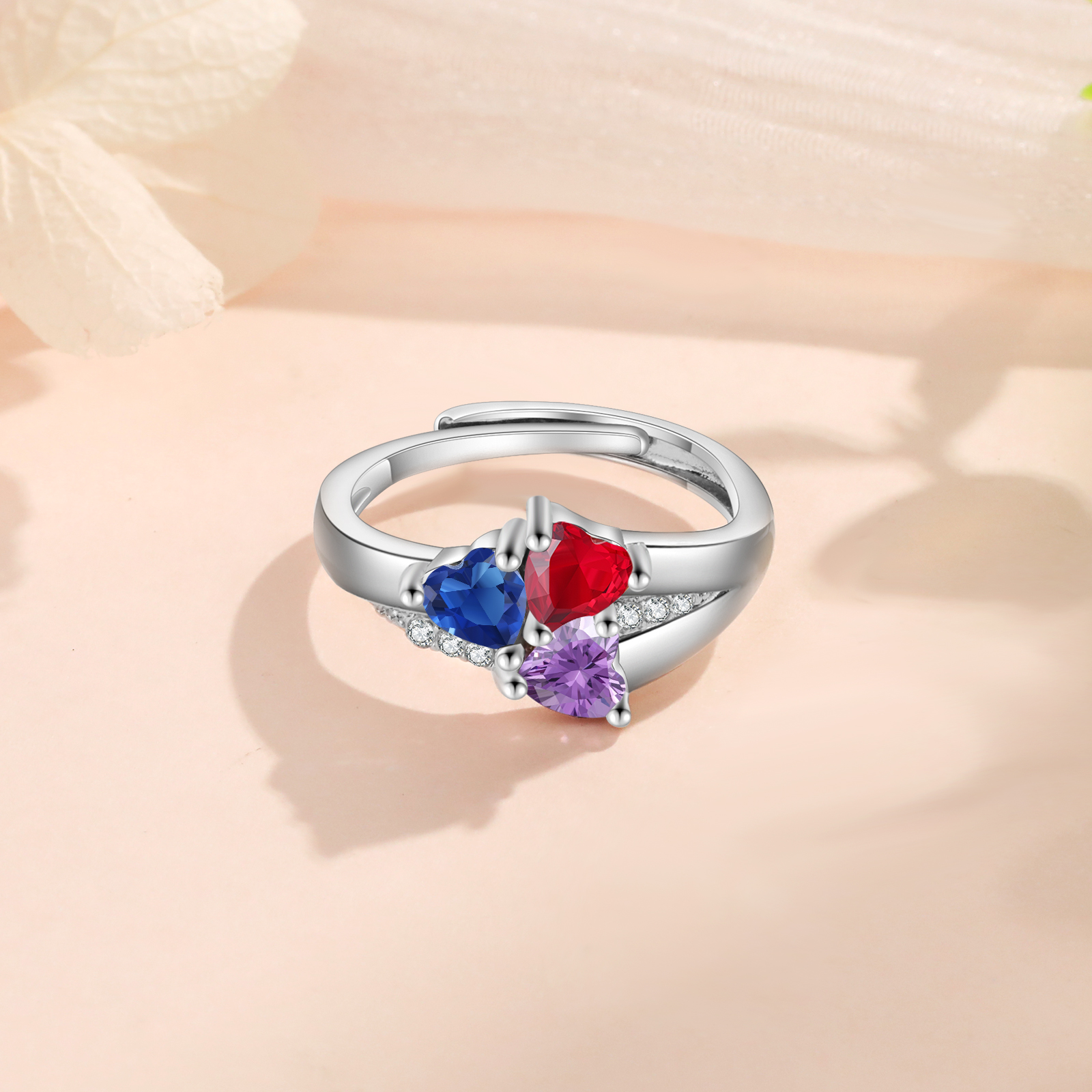 Personalised Open Ring with Custom 3 Birthstones Elegant Valentines Day Gift for Her
