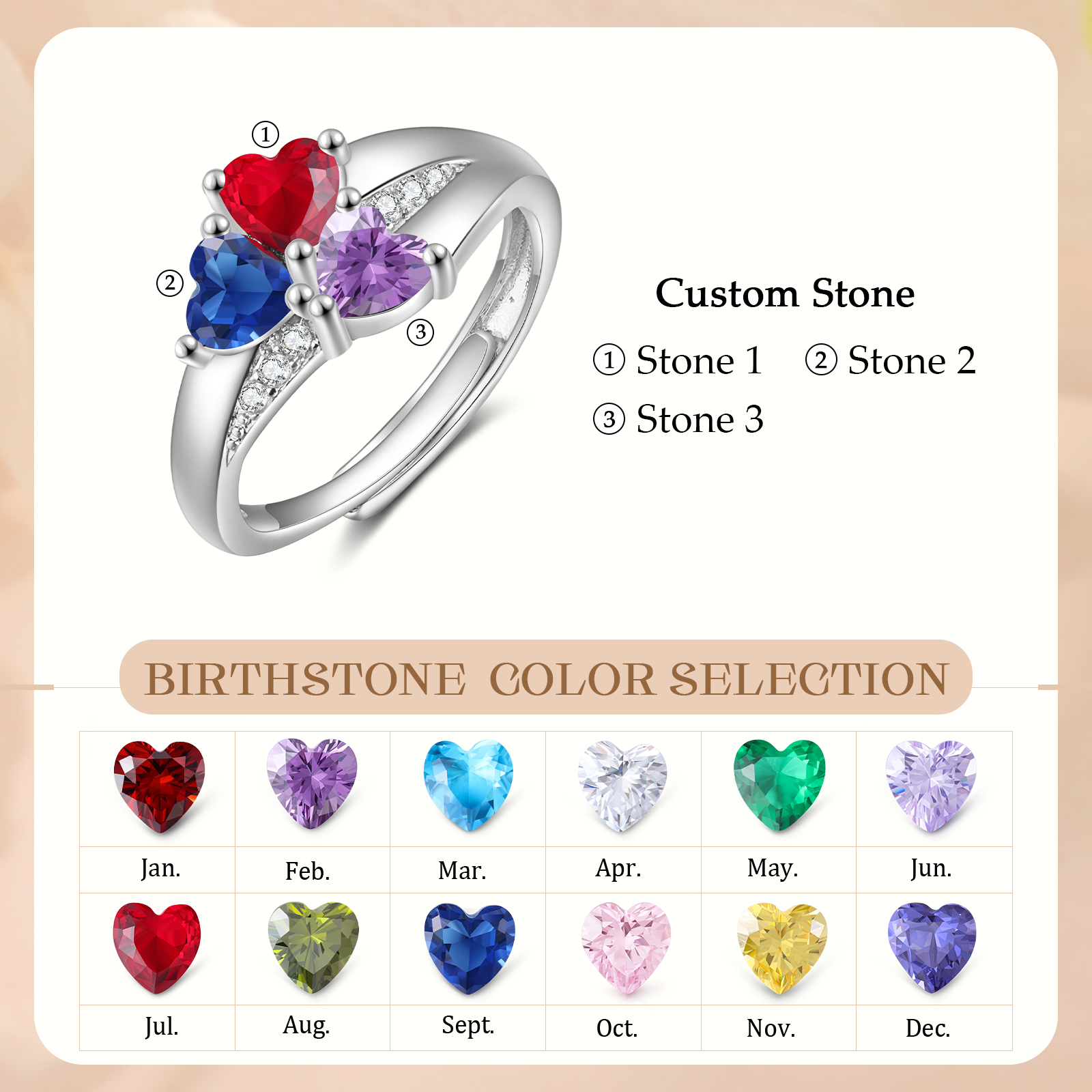 Personalised Open Ring with Custom 3 Birthstones Elegant Valentines Day Gift for Her