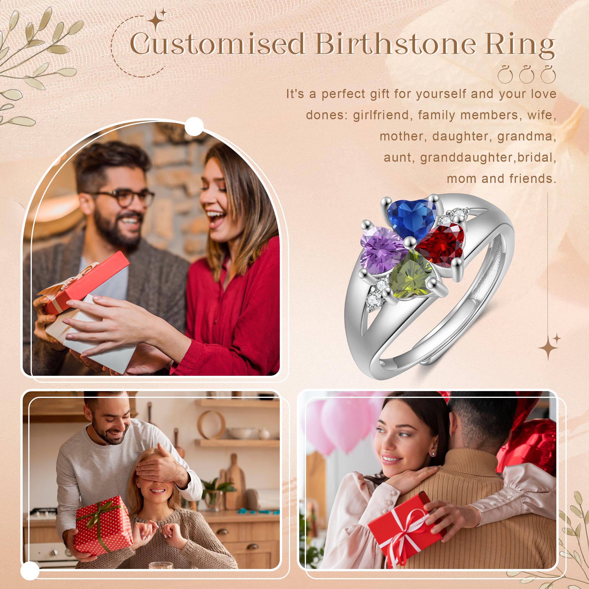 Personalised Open Ring with Custom 4 Birthstones Elegant Valentines Day Gift for Her