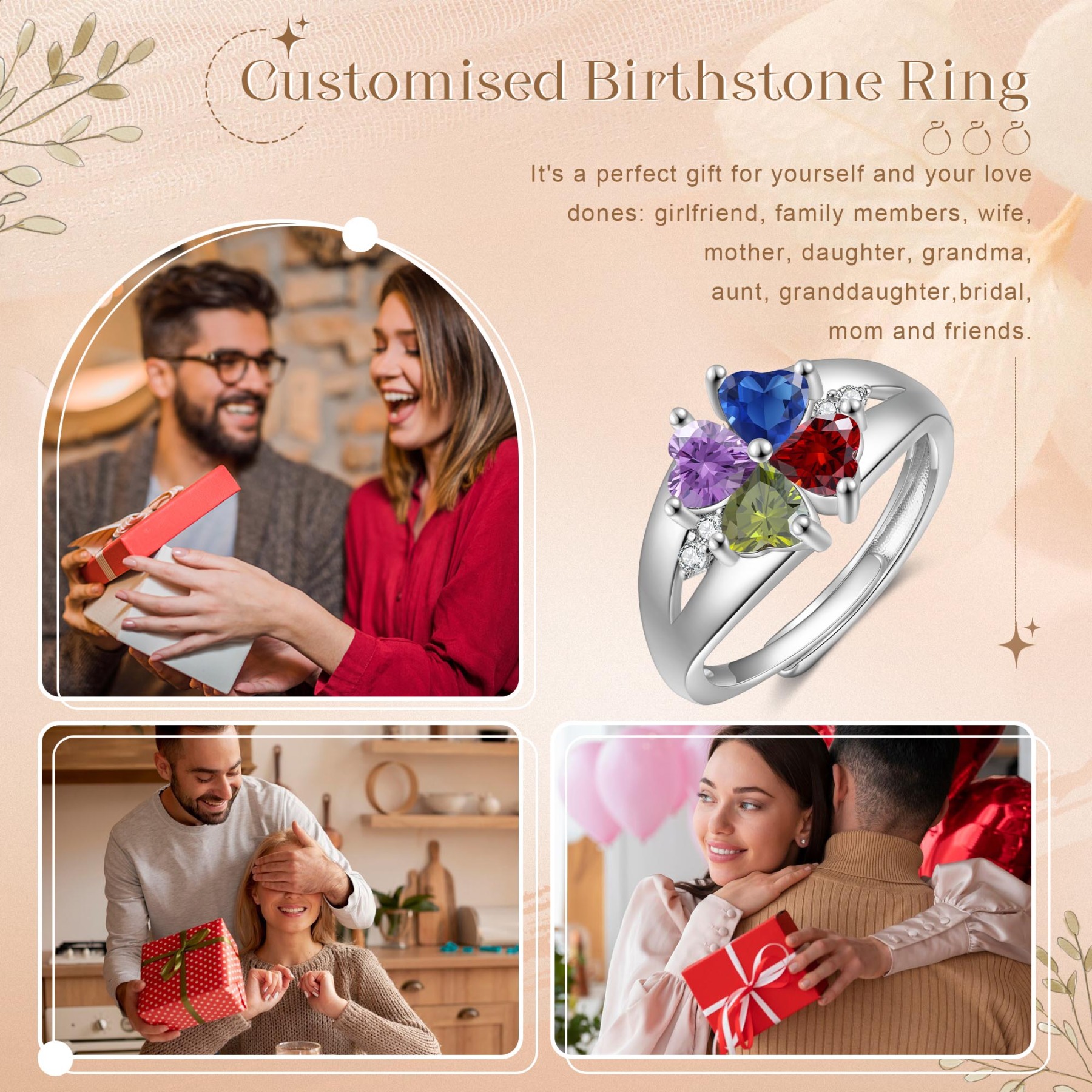 Personalised Open Ring with Custom 4 Birthstones Elegant Valentines Day Gift for Her