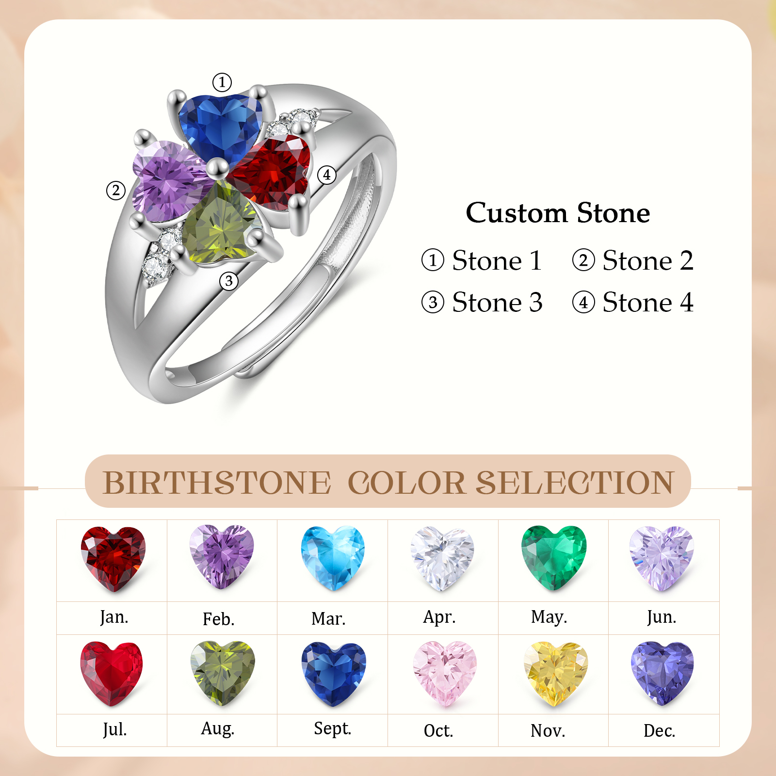 Personalised Open Ring with Custom 4 Birthstones Elegant Valentines Day Gift for Her