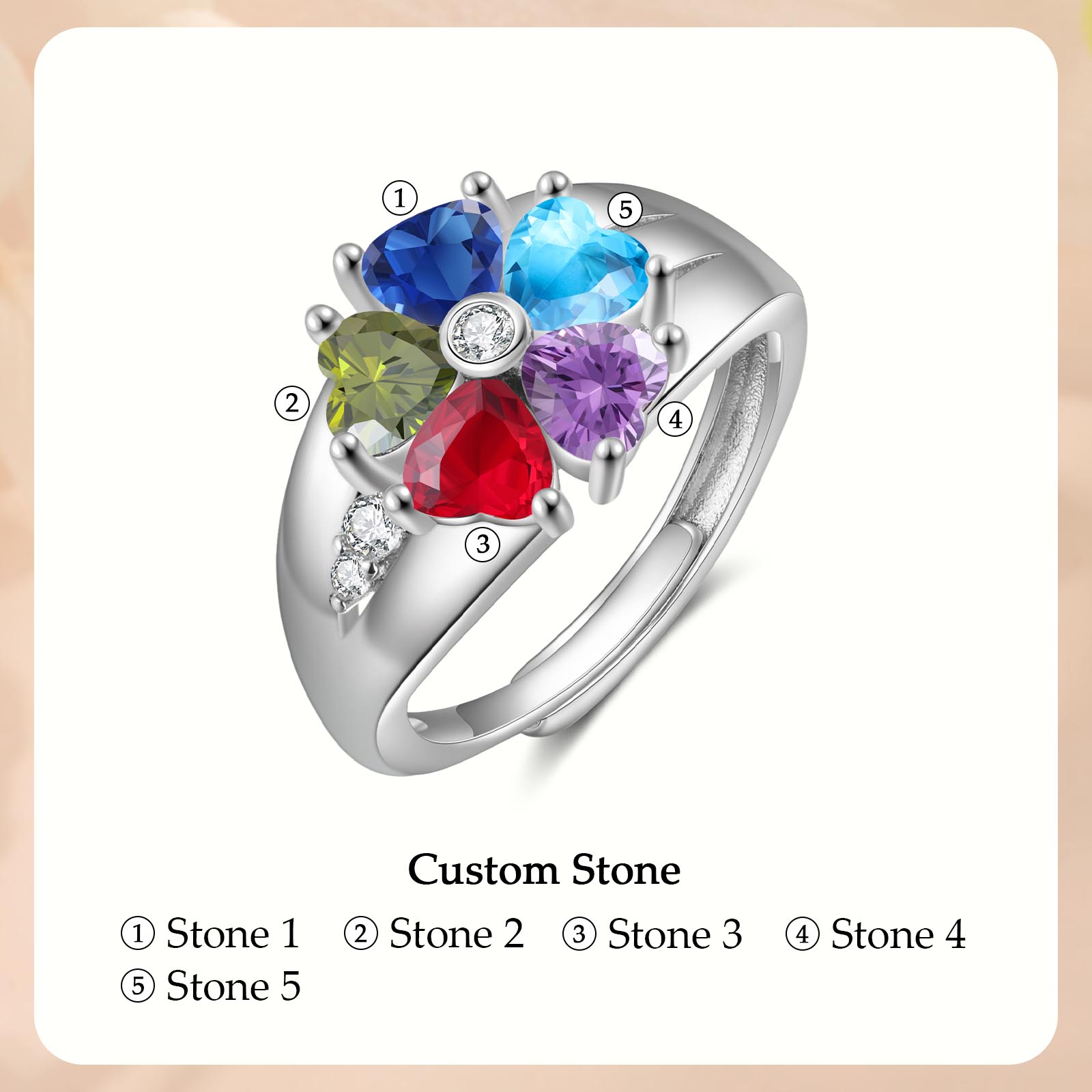 Personalised Open Ring with Custom 5 Birthstones Elegant Valentines Day Gift for Her