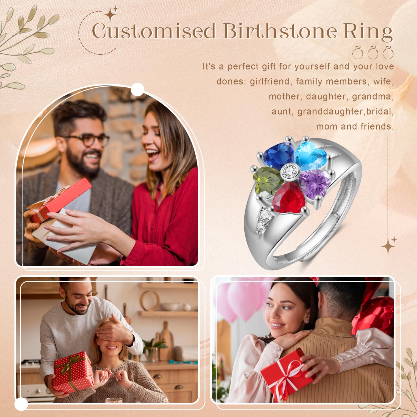 Personalised Open Ring with Custom 5 Birthstones Elegant Valentines Day Gift for Her