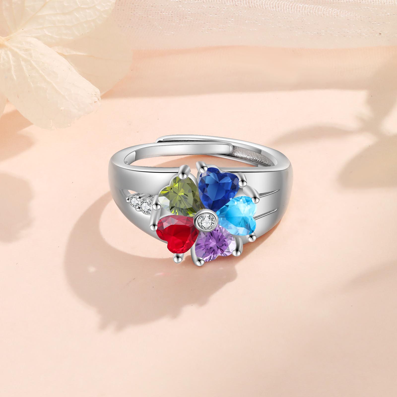 Personalised Open Ring with Custom 5 Birthstones Elegant Valentines Day Gift for Her