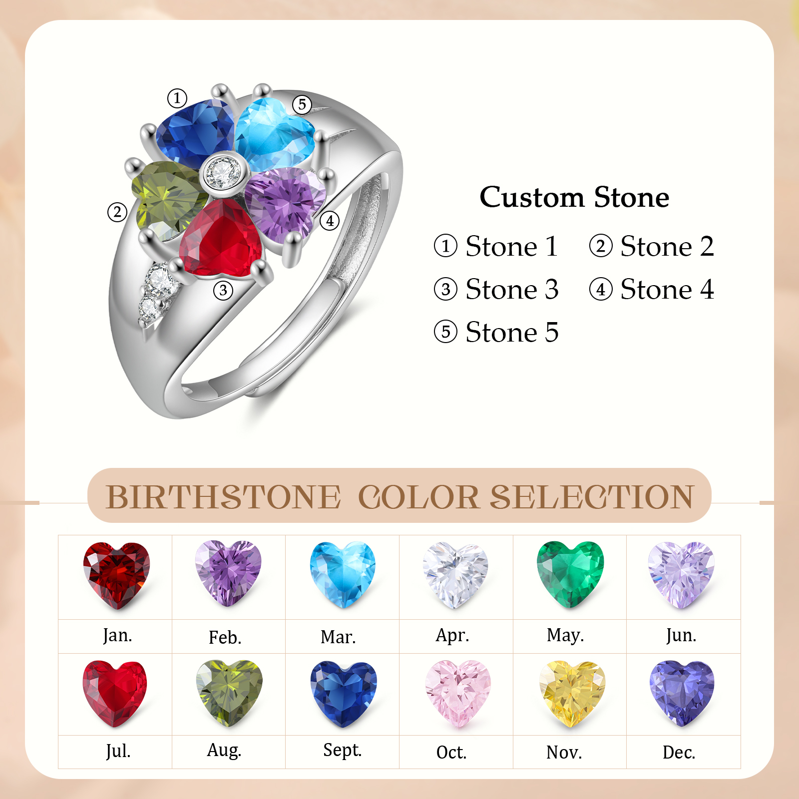 Personalised Open Ring with Custom 5 Birthstones Elegant Valentines Day Gift for Her