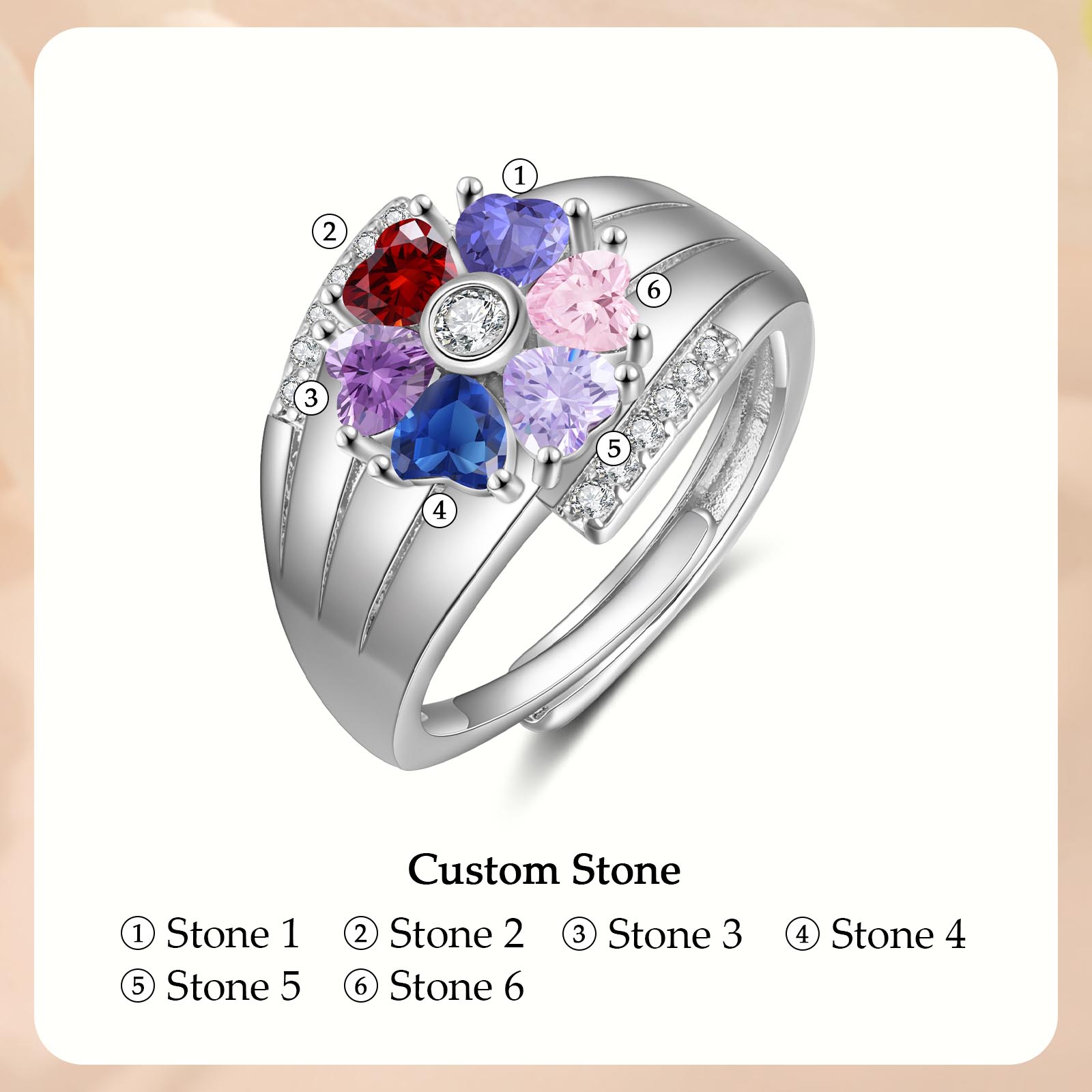 Personalised Open Ring with Custom 6 Birthstones Elegant Valentines Day Gift for Her